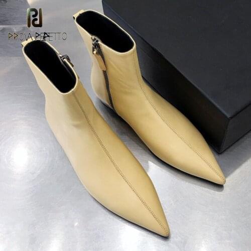 Autumn and Winter New Pointed Toe Stitch Stitching Short Boots Leather Flat Boots Side Zipper Nude Boots Fashion Chelsea Boots