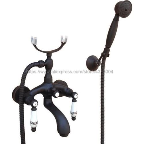 Oil Rubbed Bronze Bath Shower Faucet Set Dual Knobs Wall Mounted Bathtub Mixers with Handshower Swive Tub Spout Ntf571