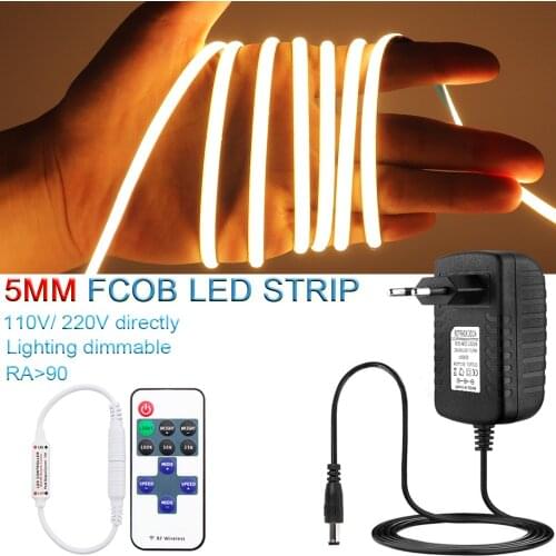 Dimmable COB LED Strip with Dimmer Adapter 12V 24V 5mm Ultra Narrow LED Tape Bar Light FOB Kit Red Blue Green Yellow White