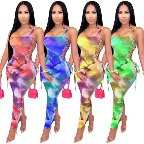 Zoctuo Tie Dye Print Maxi Long Dress Sexy Women Mesh See Though Club Dress Spaghetti Strap Dress Lace Up Side Maxi Bodycon Dress