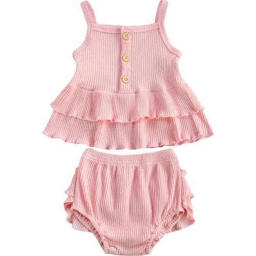 2Pcs Newborn Baby Girls Boys Ruffled Outfits Sleeveless Solid Spaghetti Strap Button Tank Top + Shorts