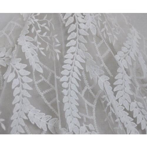 Haute Couture Lace Fabric Leaf Floral Embroidered Lace In Off White For Prom Dress, Robe, Backdrop, Garments 51" Width By The Ya