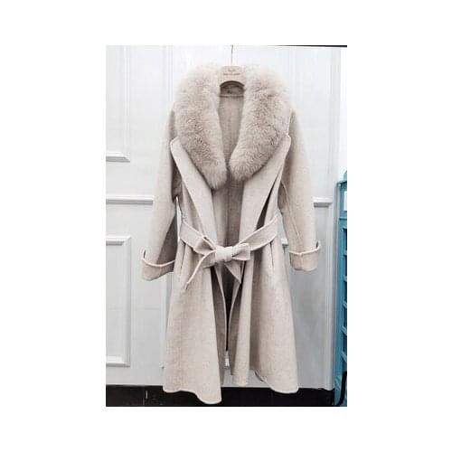 New brand autumn and winter new double-faced cashmere coat loose waist mid-length fox fur collar coat women