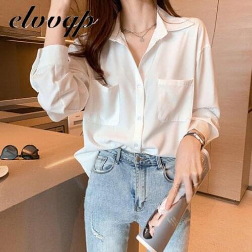 OL Style White Shirts For Women Turn-down Collar Pockets Women Blouse Tops Elegant Workwear Female Tops Blusas Femme 2021 Summer