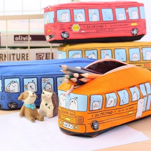 Novelty Animals School Bus Shape Canvas Pencil Case Stationery Storage Organizer Bag Large Capacity Box School Supplies Kawaii