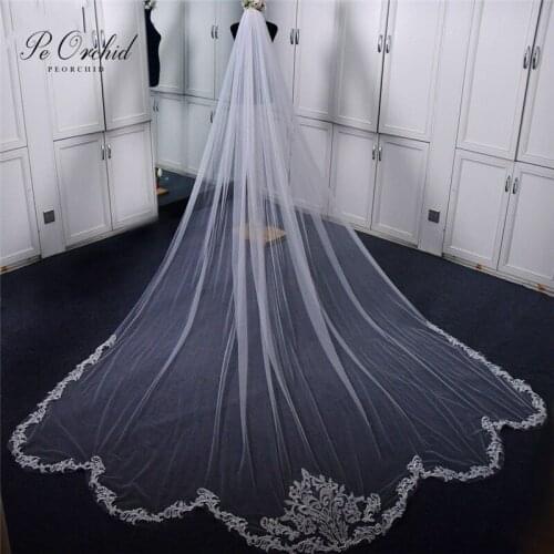 PEORCHID Cathedral Bridal Veil With Comb Wedding Accessories 3 Meter Chapel Veil Long Ivory Lace Veil Noiva 2021 Acessórios