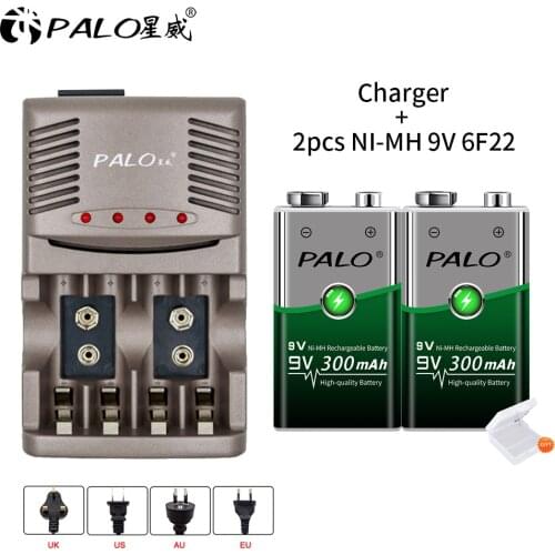 AA AAA 9V Ni-MH Ni-Cd rechargeable battery charger for travel EU plug wholesale + 2pcs 9V 300mAh ni-mh rechargeable battery