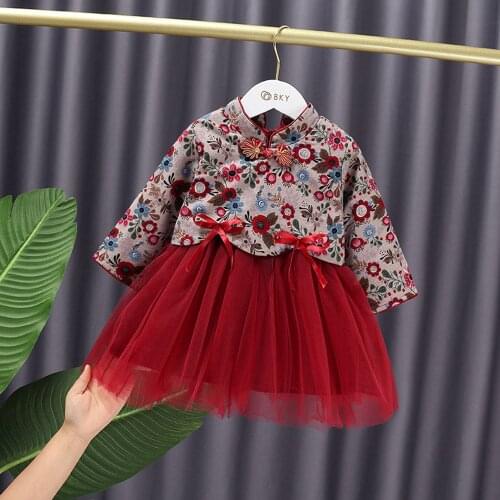 Warm Winter Girls Princess Flora Dress Children Kids Baby Infants Long Sleeve Velvet Retro Chinese Qipao Dresses Vestidos S11860