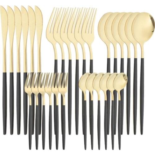 30Pcs/Set Stainless Steel Dinner Black Gold Dinnerware Set Knife Fork Coffee Spoon Cutlery Set Kitchen Tableware Silverware Sets