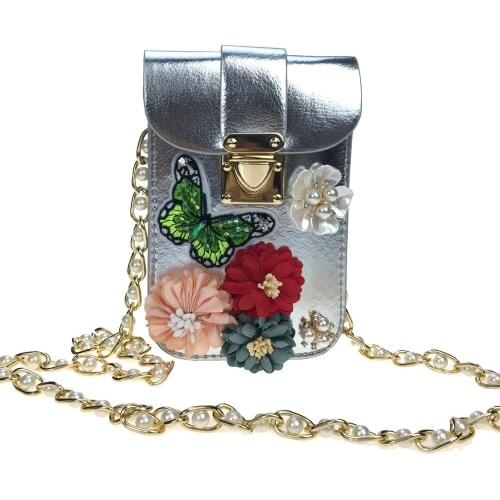 Three-dimensional flower mobile phone bag butterfly embroidery clutch diamond pearl leisure chain leather wallet Messenger bags