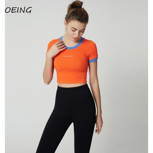 Workout Patchwork Print Sport Yoga Shirts Short Sleeve Stretchy Womens Jogging Crop Tops