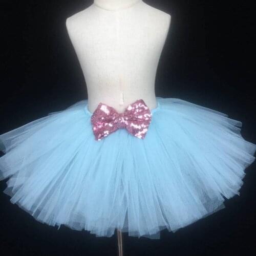 Girls Blue Tutu Skirts Baby Fluffy Tulle Pettiskirt Dance Tutu with Pink Sequin Bow Kids Birthday Party Skirts Children Skirts