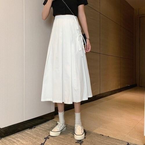 Womens Long Skirts Spring Korean Temperament Was Thin, Mid-length Skirts, High-waisted, Versatile Side-tied A-line Skirts