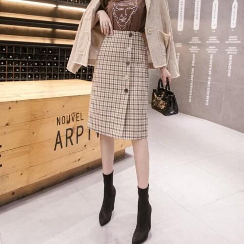 Winter Retro Wool Skirt Female Autumn And 2020 New England Style Plaid Pencil Skirt Women Back Split Office Skirts Womens Mujer