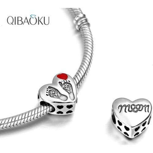 Sterling Silver 925 Heart Shape Beads Footprint Cute Charm Bracelet for Women Silver Beaded Fashion Jewelry DIY Making
