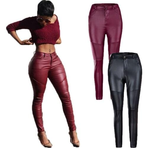High Waist pleated Pencil Pants Skinny PU Leather hip package Trousers Pantalon Femme Pleated PU tight stretch pants Sexy Womens