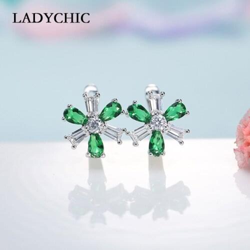 LADYCHIC New Fashion Silver Color Green Crystal Flower Stud Earrings for Women Party Wedding Earring Gift Jewelry LE1027
