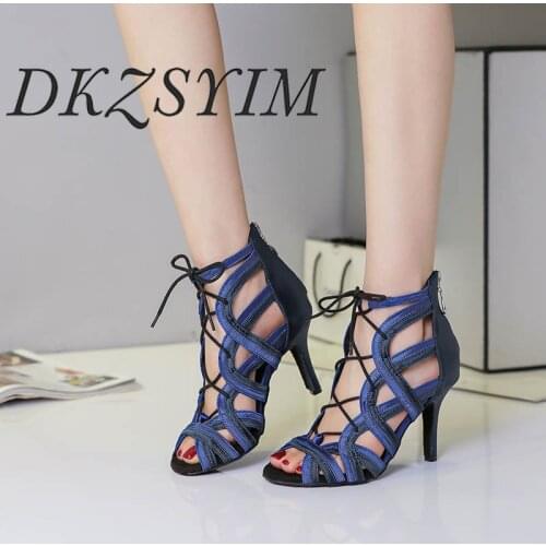 DKZSYIM Ladies Latin Dance Shoes Blue Fashion Cross Strap Sexy Boots High Hells 6-10CM Party Dance Shoes Comfortable Wholesales
