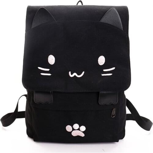 Women Backpack Canvas Cute Cat Travel Rucksack Student School Bag Kawaii Bookbags Best Sale-WT