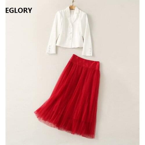 Top Quality Womens Set 2021 Spring Blazer Suits Female Notched Collar Single Breasted White Blazer Coats+Polka Dot Mesh Skirt
