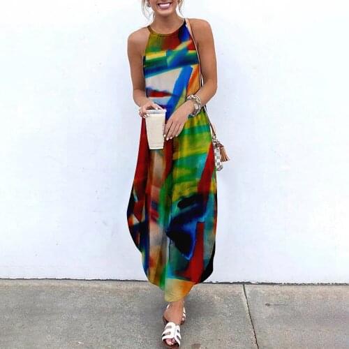 Cross-border new oil painting pattern printing womens dress with irregular split skirt hem