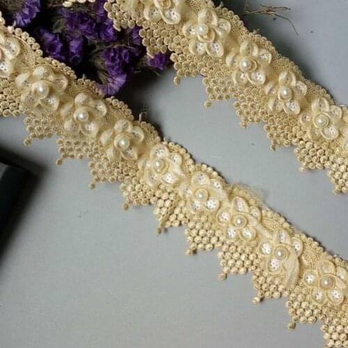 1 Yard Light Gold Pearl Tassel Flowers Pearl Lace Trimmings Ribbons Beaded Lace Fabric Embroidered Sewing Wedding Dress DIY New