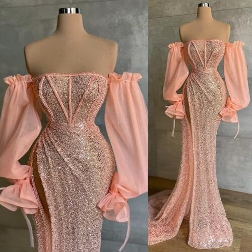 2021 Arabic Evening Gowns with Wrap Floor Length Women Sheath Prom Dresses Long Sleeves Custom Made Formal Celebrity Dress