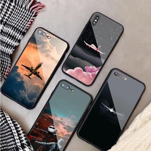 Luxury Tempered Glass Case For iPhone 11 Pro Max X XS MAX 8 7 6 5 Plus Aircraft Airplane Fly Phone Back Cover Case Shell
