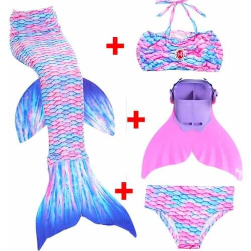 2020 4PCS Children Mermaid Tail with Monofin Kids Girls Costumes Swimming Mermaid Tail Mermaid Fancy Swimmable Swimsuit Age 3-12