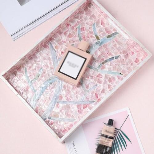 Luxury Art Wood Pink Color Shell Storage Tray Fruit Food Tea Cup Home Storage Box Jewelry Necklace Display Tray Home Decoration