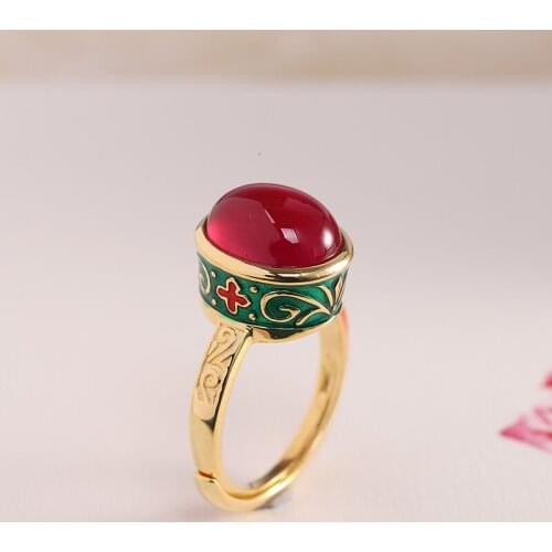 S925 Sterling Silver Jewelry Ethnic Style Ladies Blue Enamel Inlaid Red Corundum Open Ring Jewelry