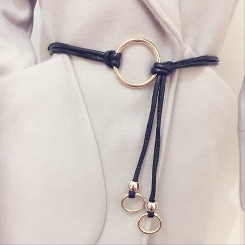 Women Designer Gold Round Metal Circle Thin Leather Tied up Belts Hot Punk Big O Ring belt for Women Girdle Clothes Accessory