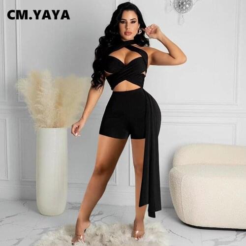 CM.YAYA Women Playsuit Solid Sleeveless Hollow Out Strechy Bodycon Playsuits Fashion Rompers Sexy One Piece Overalls Summer 2021