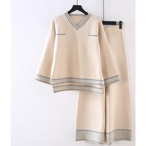 Women Autumn Winter Elegant Knitted Two Piece Set Casual Tracksuits V Neck Pullover Sweater with Elastic Waist Wide Leg Pants