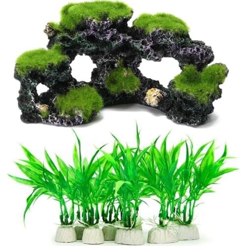 11Pcs Fish Tank Decorations: 1 Pcs Resin Aquarium Coral Reef Moss Rock & 10 Pcs 10cm Plastic Artificial Aquarium Plants