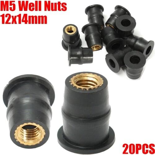 20pcs/Set Motorcycle M5 5mm Metric Rubber Well Nuts Windscreen Windshield 12x14mm Fairing Cowls Nuts Fastener Screws Universal