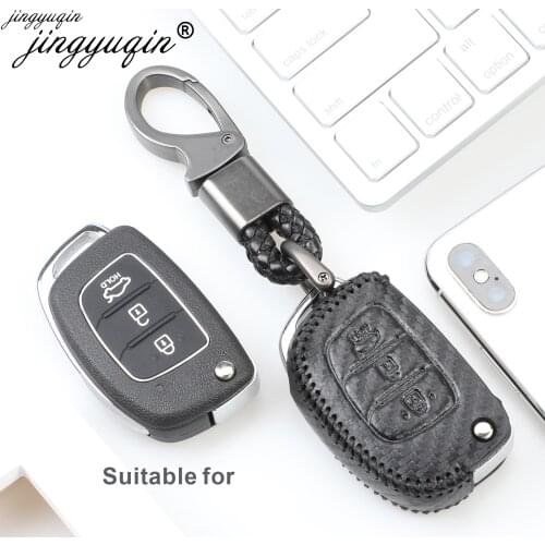 Jingyuqin 3 Button Carbon Leather Car Remote Flip Key Fob Shell Cover Case For Hyundai Creta I10 I20 Tucson Elantra Santa Fe