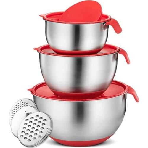 HOT-Mixing Bowls,Stainless Steel Non Slip Mixing Bowls,with Airtight Lids and Grater,Measurement Marks,for Salad Mixer,Etc