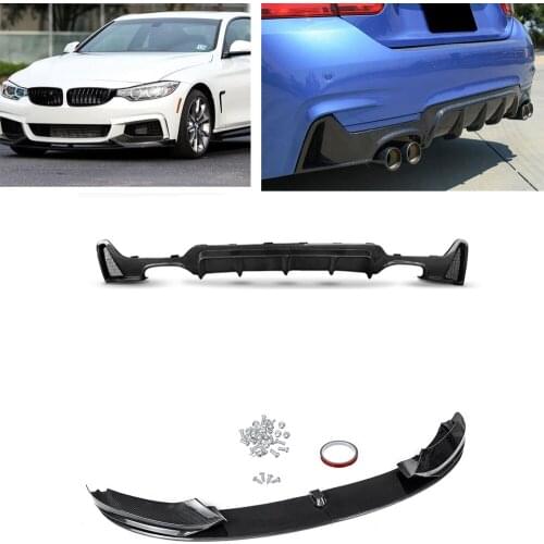 For BMW F32 F33 F36 4 Series M Sport 2014-2020 Carbon Fiber Look Front Bumper Spoiler Lip & Rear Quad Exhaust Outlet Diffuser
