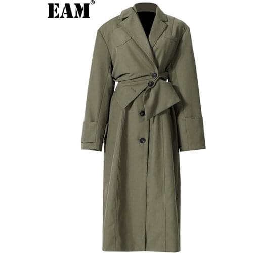 [EAM] Women Green Irregular Big Size Trench New Lapel Long Sleeve Loose Fit Windbreaker Fashion Tide Spring Autumn 2021 1DE2795