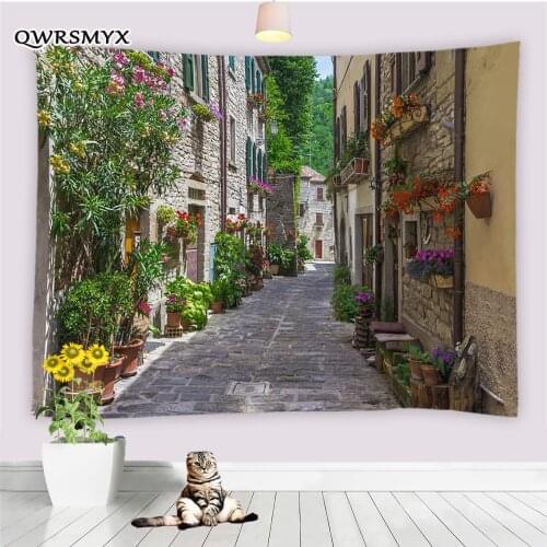European Garden Town Tapestry Historic Houses And Cobblestone Road Wall Hanging Bedroom Dorm Decor Wall Tapestries Art Adornment