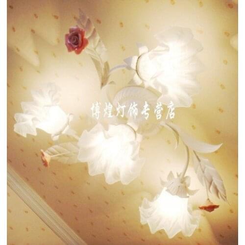 European-style garden living room Romantic Restaurants white wrought iron pink ceramic flowers glass lampshade Ceiling Lamp c139