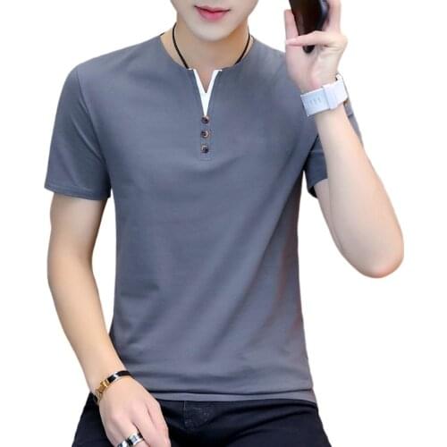 Summer Mens T-shirt Cotton Oversized T-shirt Short-sleeved V-neck Button T Shirt for Men Mens Clothing Top