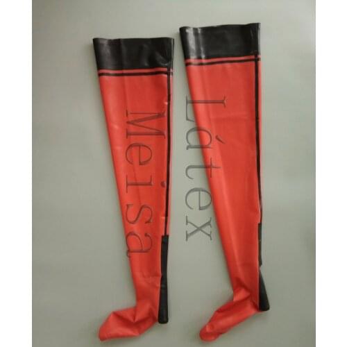 Red 100% natural rubber tight stockings decorative with black trims on top for ladies