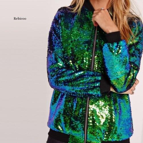 Spring Autumn Women Sequin Coat Green Bomber Jacket Long Sleeve Zipper Streetwear Tunic Loose Casual Basic Lady Outwear