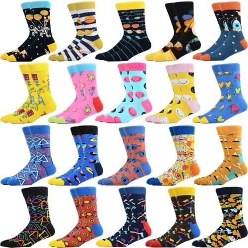 Mens Socks Cartoon Design Funny Socks Universe Space Spaceship Stripe Socks Happy Style Simple Sports Socks Men