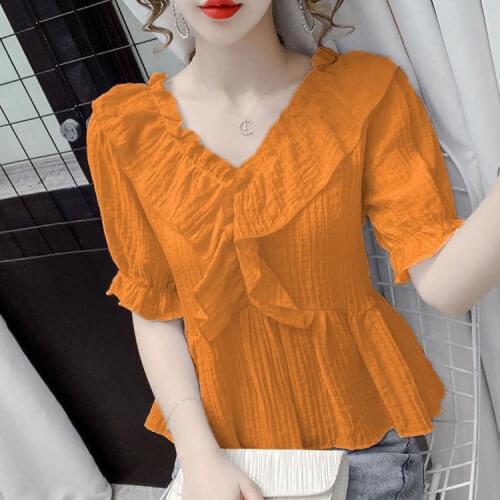 2021 summer new French V-neck ruffled bubble short-sleeved shirt for ladies all-match fashionable chic top