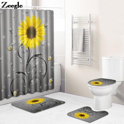 Printing Shower Curtain and Non-slip Bath Mat Set 4PCS Bathroom Carpet Rug Absorbent Floor Mat Memory Foam Toilet Seat Cover Mat