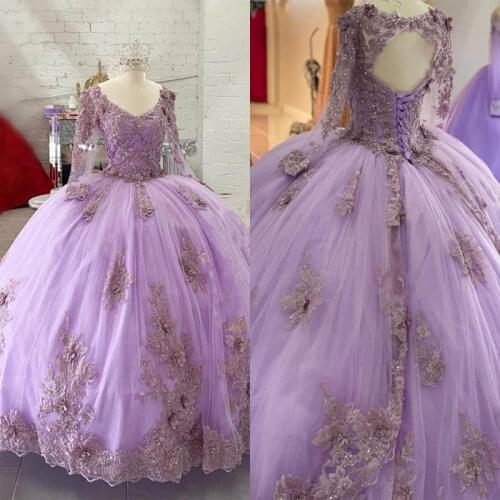 2021 Lavender Long Sleeves Quinceanera Dresses Floral Lace Beaded Crystal V-neck Keyhole Back Lace-up Ball Gown Prom Sweet 16