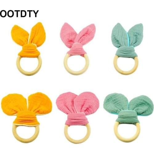 Baby Teether Cute Ear Teething Wooden Ring Rattle Newborn Nursing Chewing Molar Play Sensory Toys Shower Gifts